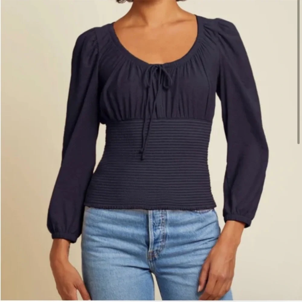 Nation LTD XS Mavis Smock Peasant Top Navy Pima Cotton Milkmaid Fitted Boho